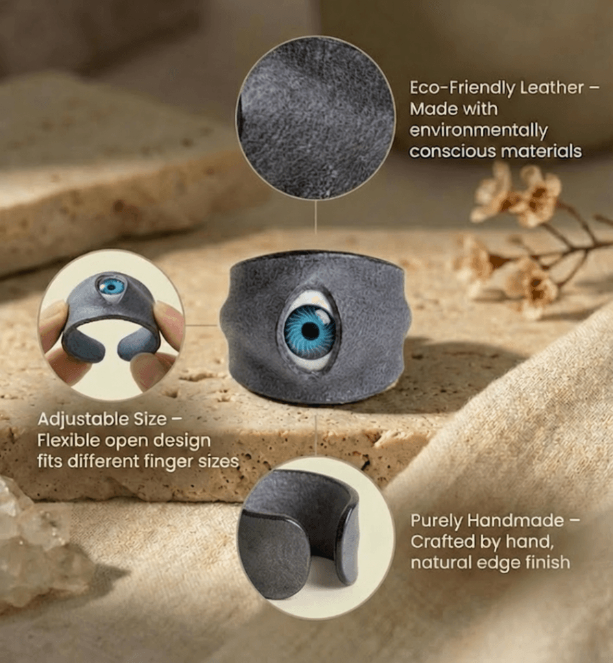Handmade Eco-Friendly Tanned Leather Eyeball Ring – Purely Handcrafted with Vertical Eye Design, Customizable with Interchangeable Pupil Colors - Image 2