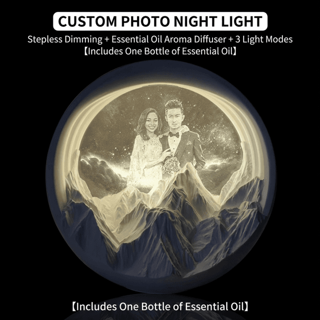 Personalized Golden Mountain Photo Lamp with Aroma Diffuser – Custom Wedding Gift Light