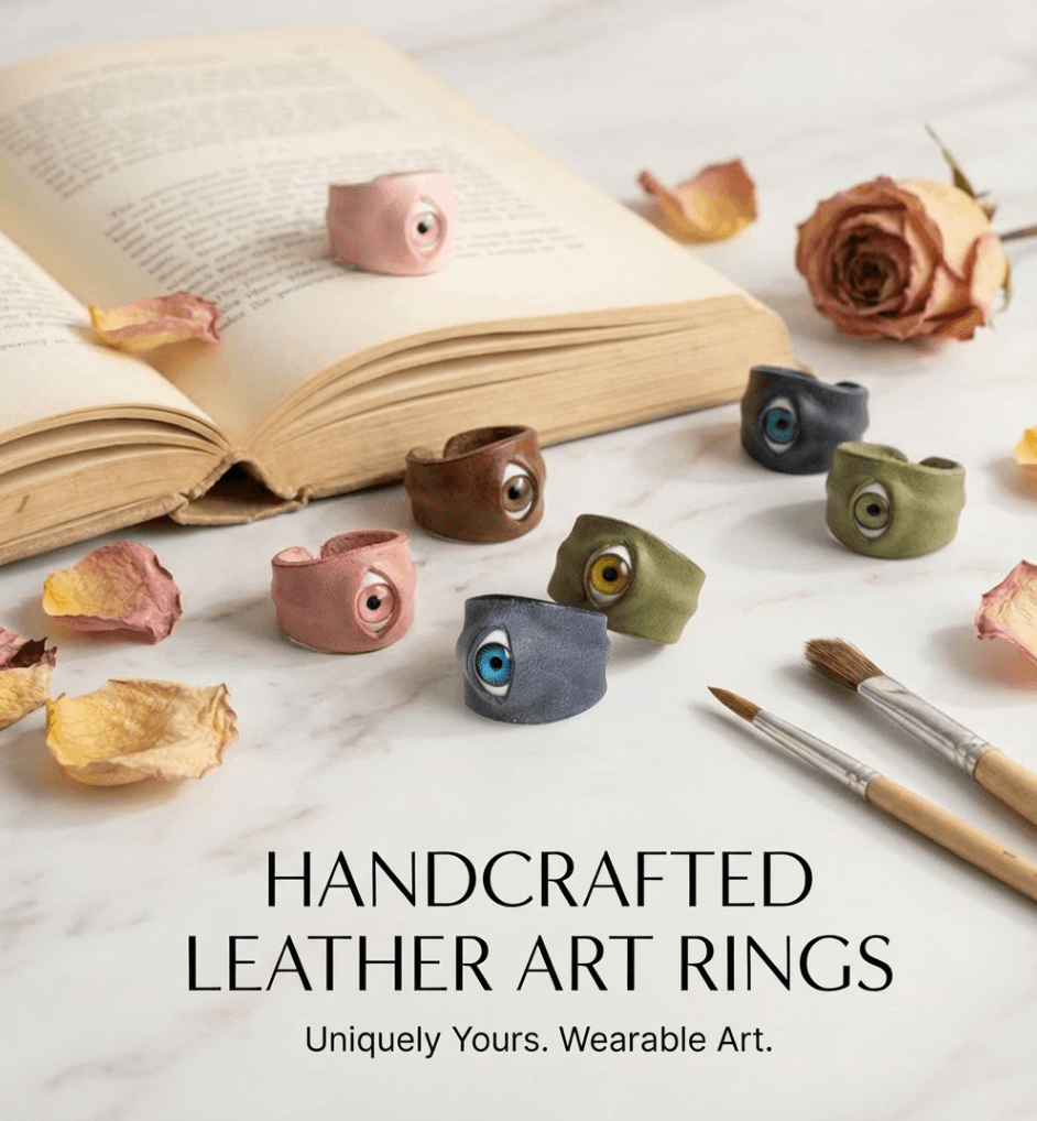 Handmade Eco-Friendly Tanned Leather Eyeball Ring – Purely Handcrafted with Vertical Eye Design, Customizable with Interchangeable Pupil Colors - 1