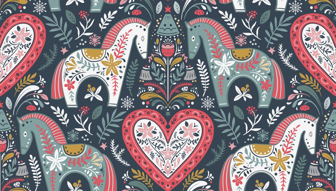 Folk Art Dala Horse & Floral Heart Seamless Pattern on Navy1