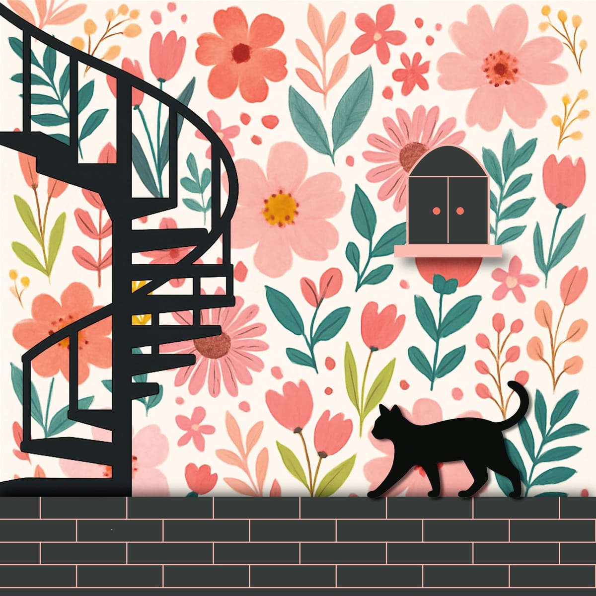 A black cat walks through spring