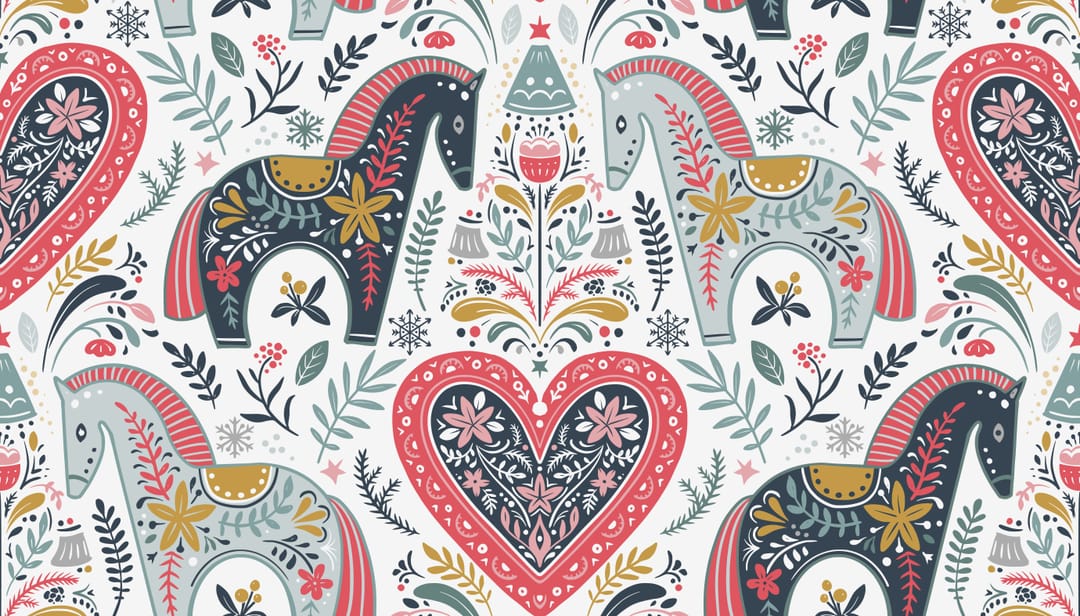 Folk Art Dala Horse & Floral Heart Seamless Pattern on Navy2