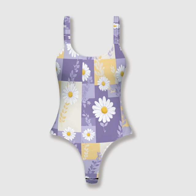 Purple Daisy Floral Thong One-Piece Swimsuit for Women Summer Beach