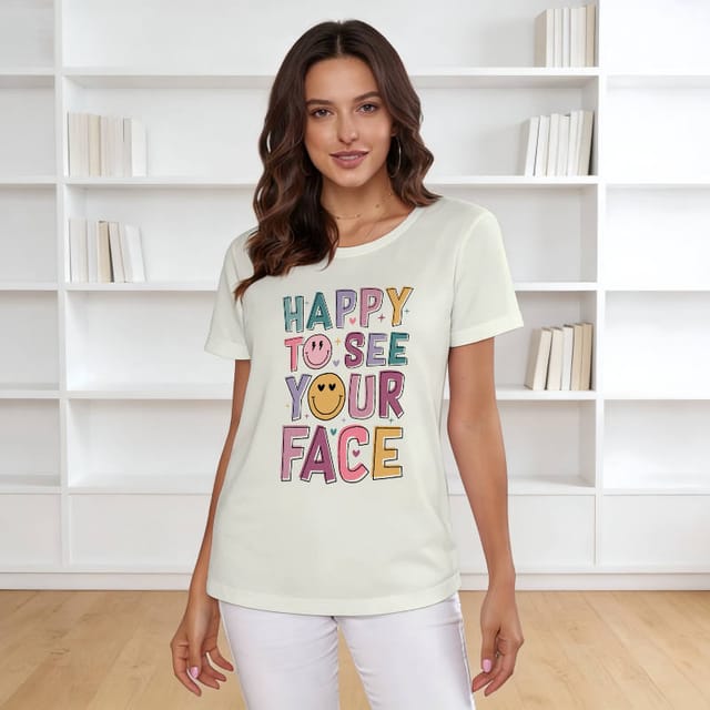 Happy Smile Quote Graphic T-Shirt for Women Casual Wear
