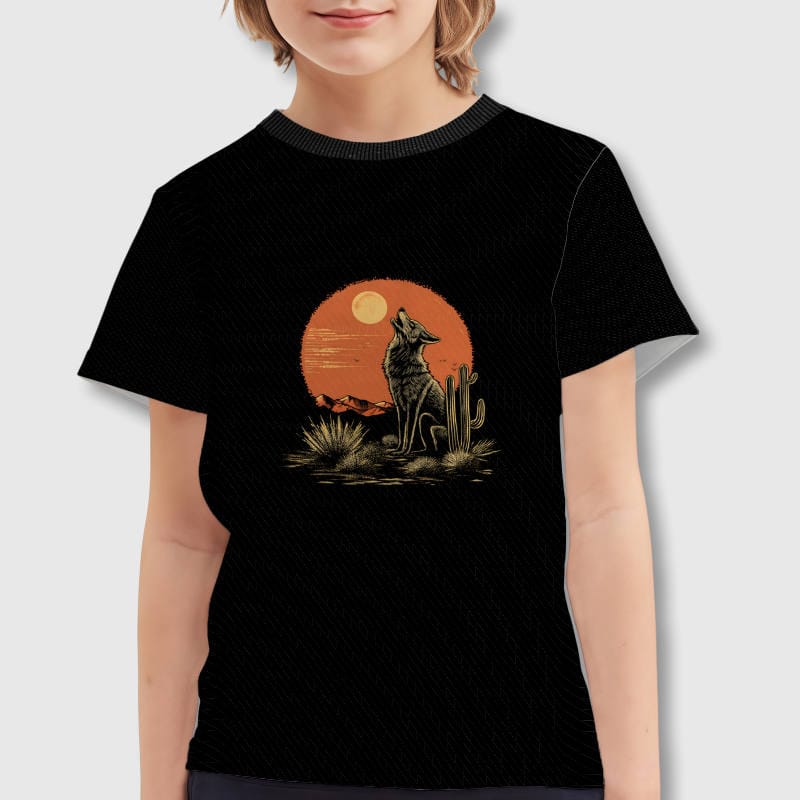 Desert Howling Wolf Kids T-Shirt for Boys Girls Daily Wear