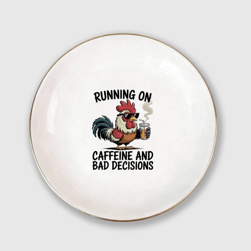 Funny Rooster Caffeine Quote Ceramic Jewelry Tray for Friend Birthday Gift