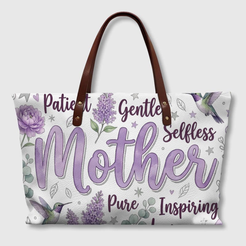 Purple Floral PU Leather Tote Bag for Mom Gift & Daily Use
