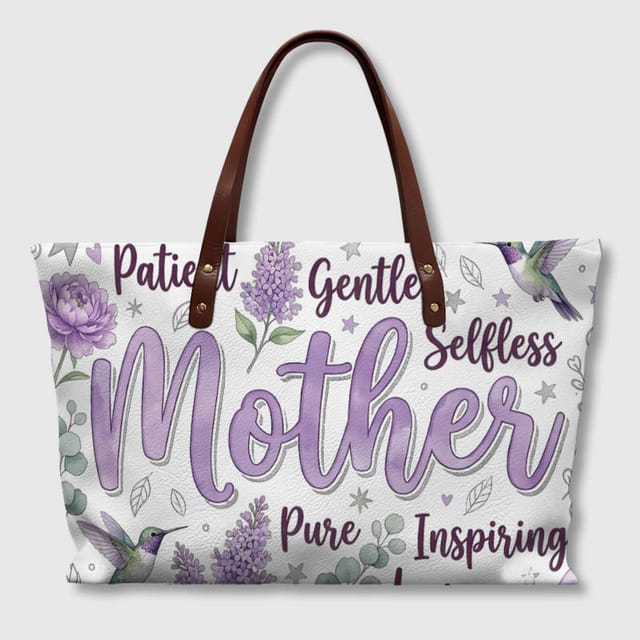 Purple Floral PU Leather Tote Bag for Mom Gift & Daily Use