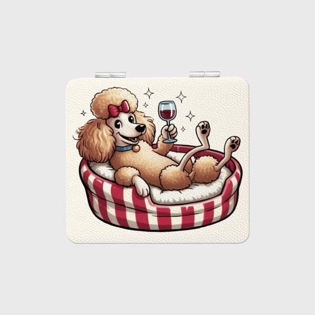 Funny Wine Poodle Pocket Makeup Mirror for Pet Lovers Gift