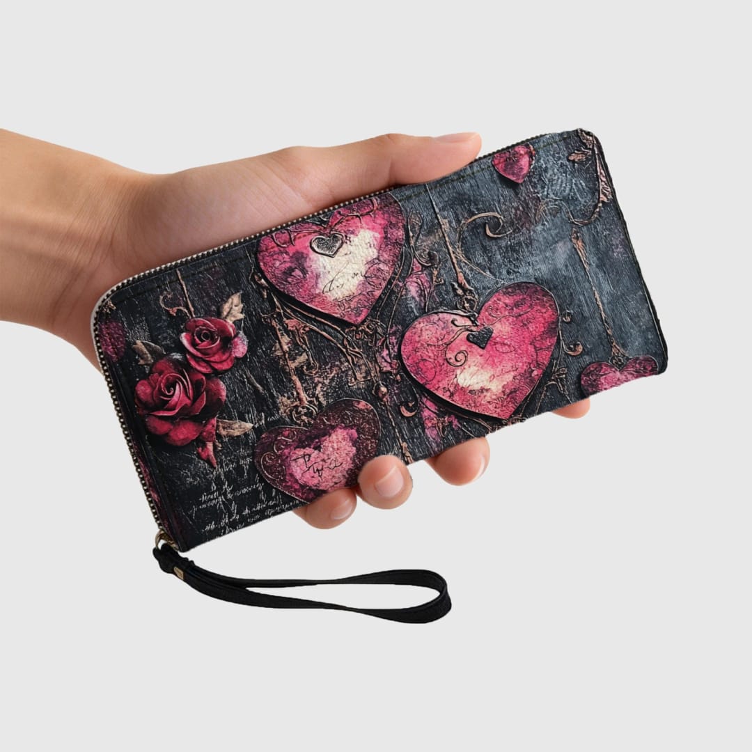 Personalized Vintage Heart & Rose Zip Wallet - 1
