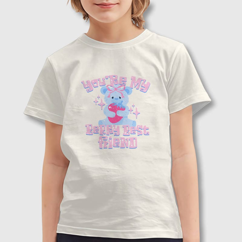 Blue Strawberry Bear Kids Cotton T-Shirt for Valentine Gifts