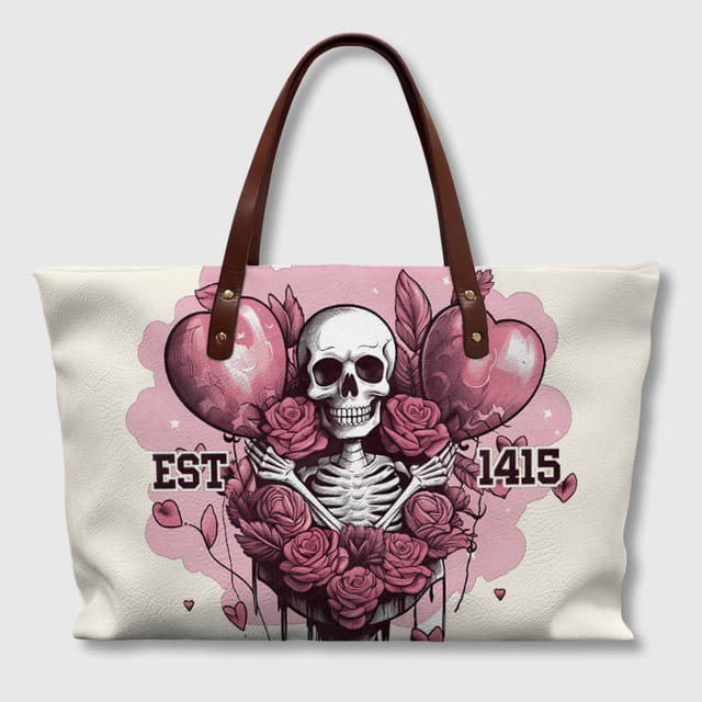 Pink Skull Rose PU Tote Bag for Gothic Lovers Valentine Gift
