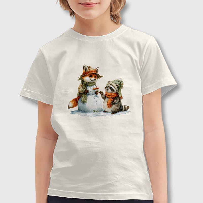 Watercolor Fox Raccoon Snowman Kids T-Shirt for Winter Gift