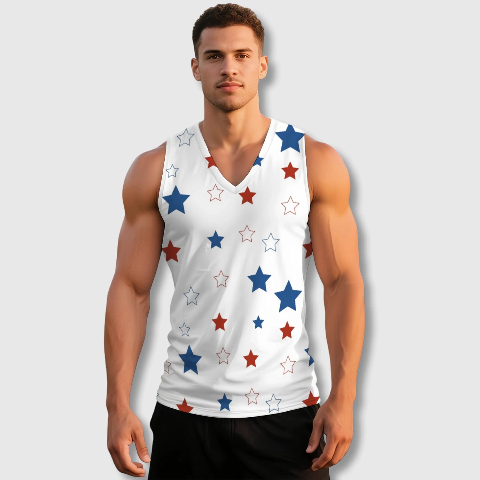 Red White Blue Star V-Neck Tank Top for Men Gym Summer Wear