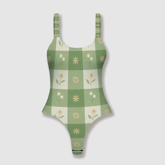 Green Gingham Floral Thong One Piece Bodysuit for Women Summer Beach