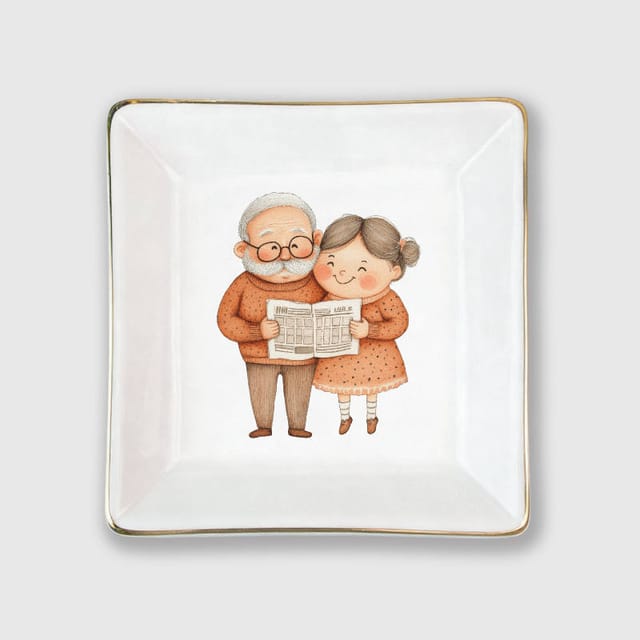 Gold Trim Elderly Couple Ceramic Jewelry Tray for Grandparent Gifts