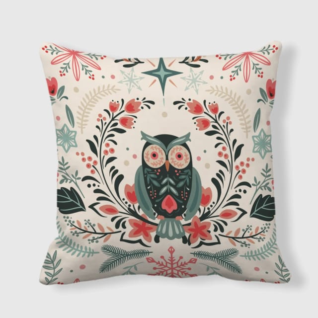 Set of 2 Folk Owl Floral Throw Pillows for Christmas Decor