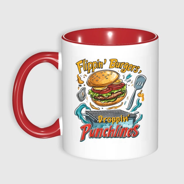 Funny Burger Punchline 11oz Red Accent Coffee Mug for Grill Dads