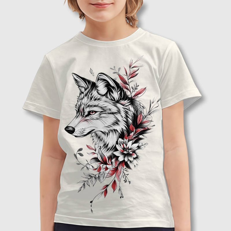 Floral Wolf Print Kids T-Shirt for Birthday Daily Wear