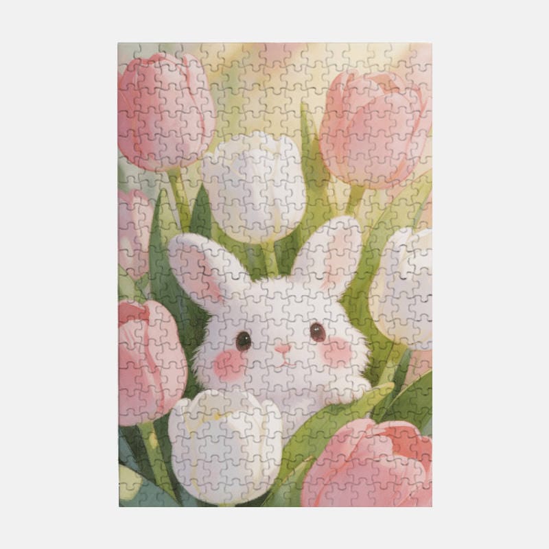 Cute Bunny Tulip 300 Piece Puzzle for Animal Lovers Easter Gift - 1