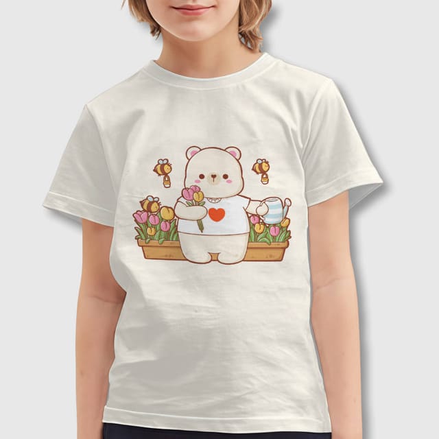 Cute Gardening Bear Kids T-Shirt for Summer Daily Use