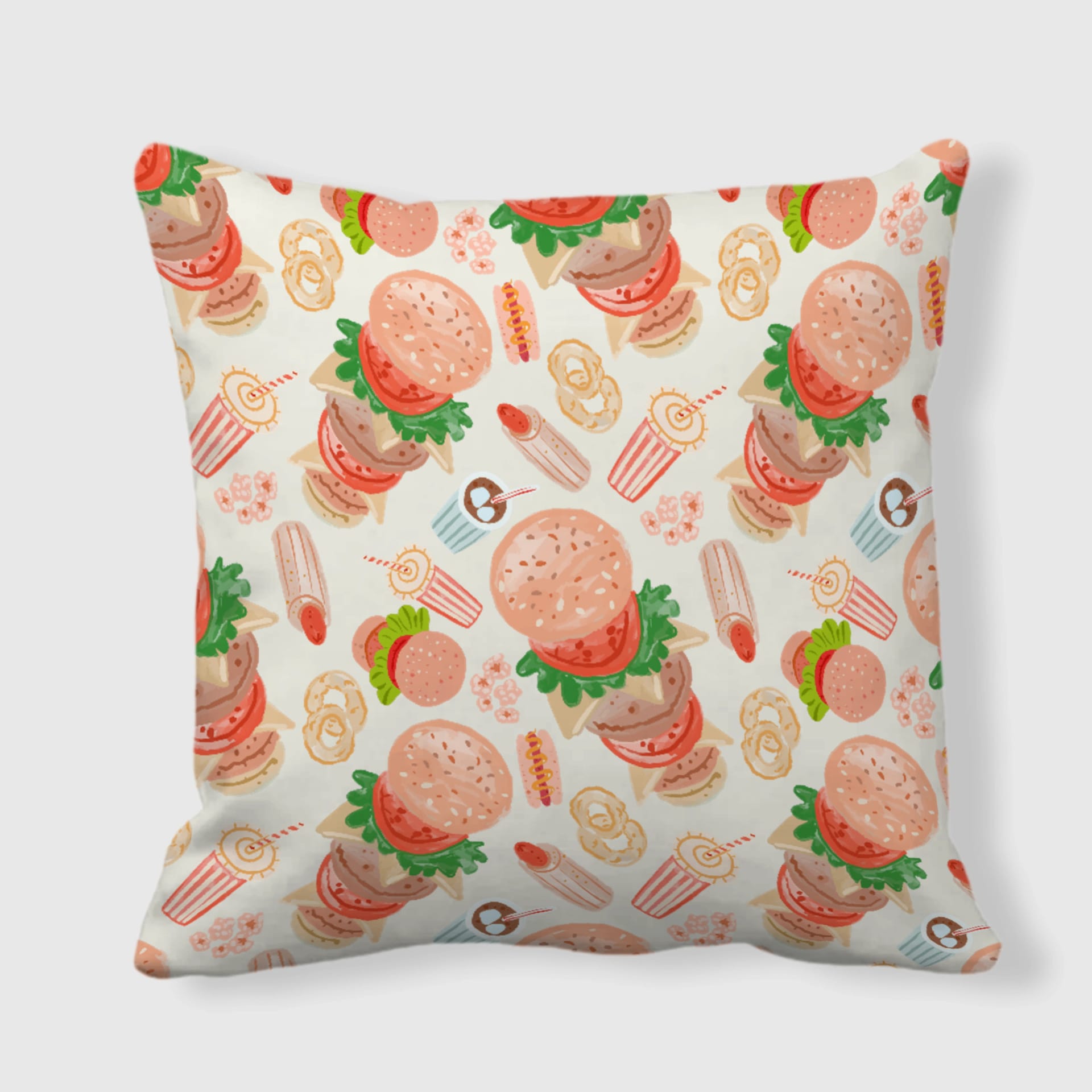 Burger Fast Food Print Throw Pillow for Food Lovers Home Decor