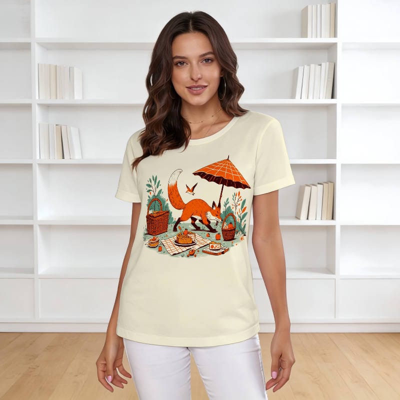 Cute Fox Picnic Print T-Shirt for Pet Lovers Daily Wear