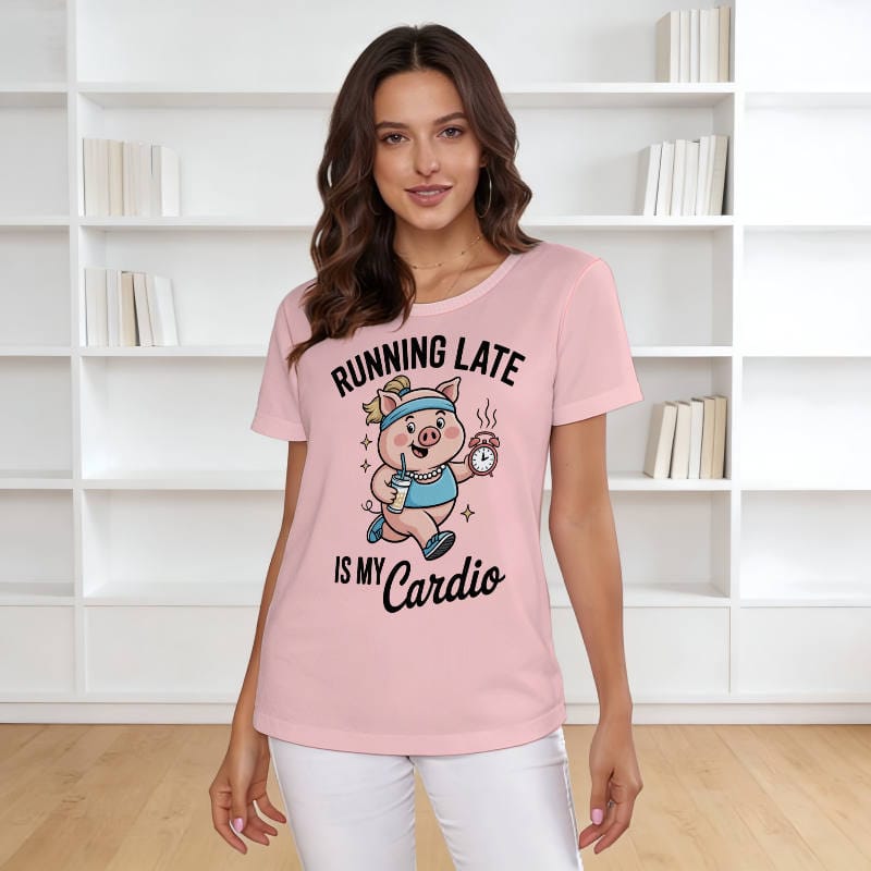 Funny Running Late Pig Print Women's T-Shirt for Casual Gift