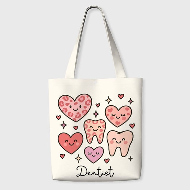 Cute Heart Tooth Print Tote Bag for Dentists Gift & Daily Use