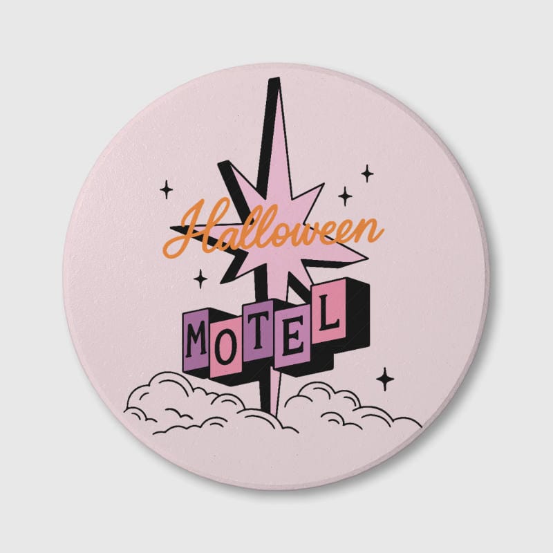 Retro Pink Halloween Motel Ceramic Coaster for Halloween Decor
