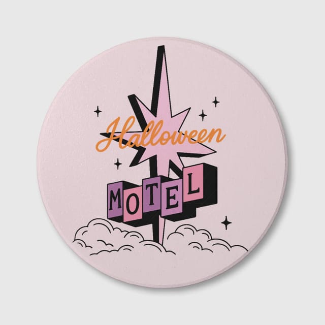Retro Pink Halloween Motel Ceramic Coaster for Halloween Decor