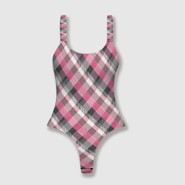 Pink Plaid Tartan One Piece Thong Bodysuit for Women Beach Wear