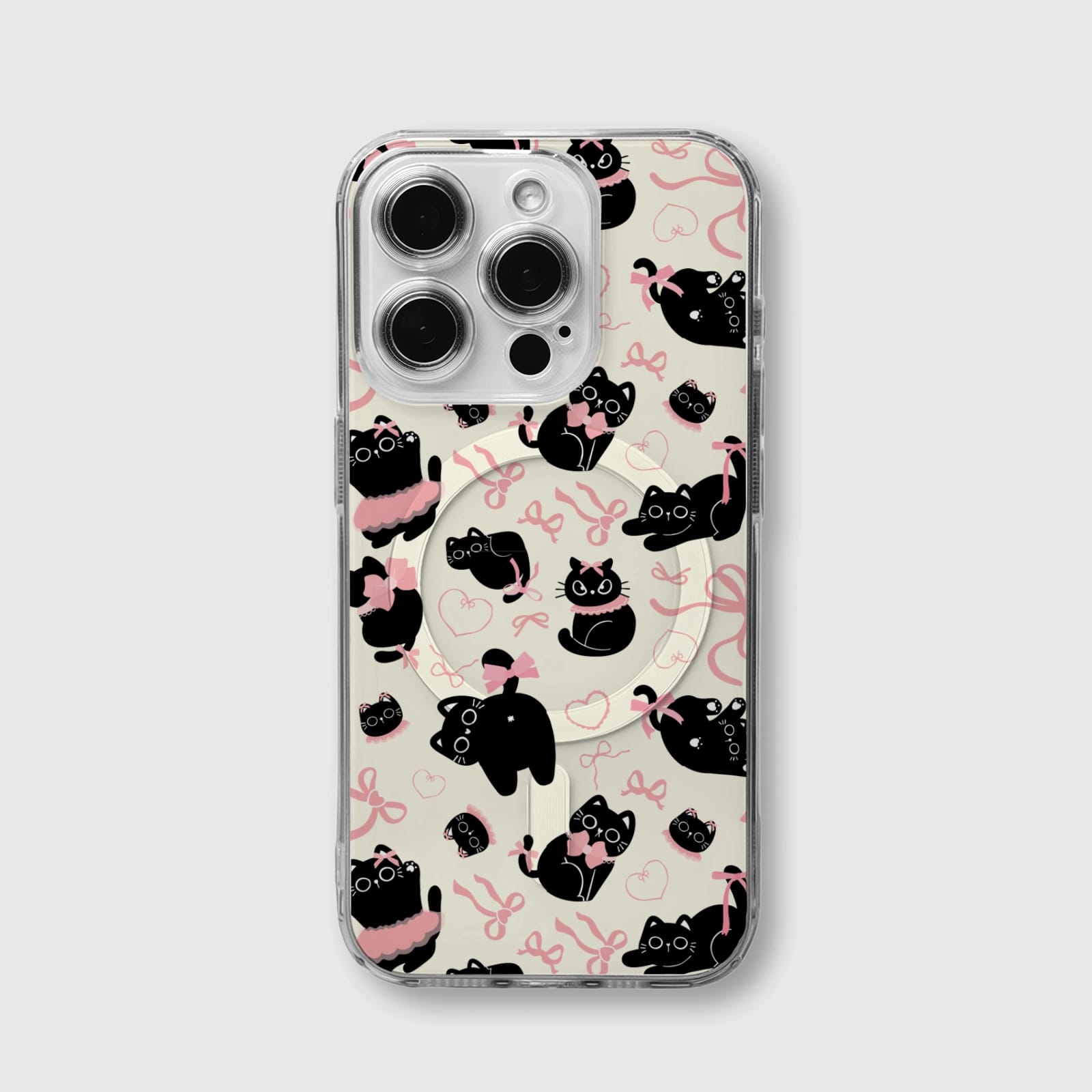 Black Cat Pink Bow MagSafe iPhone 15/16/17 Case for Cat Lovers