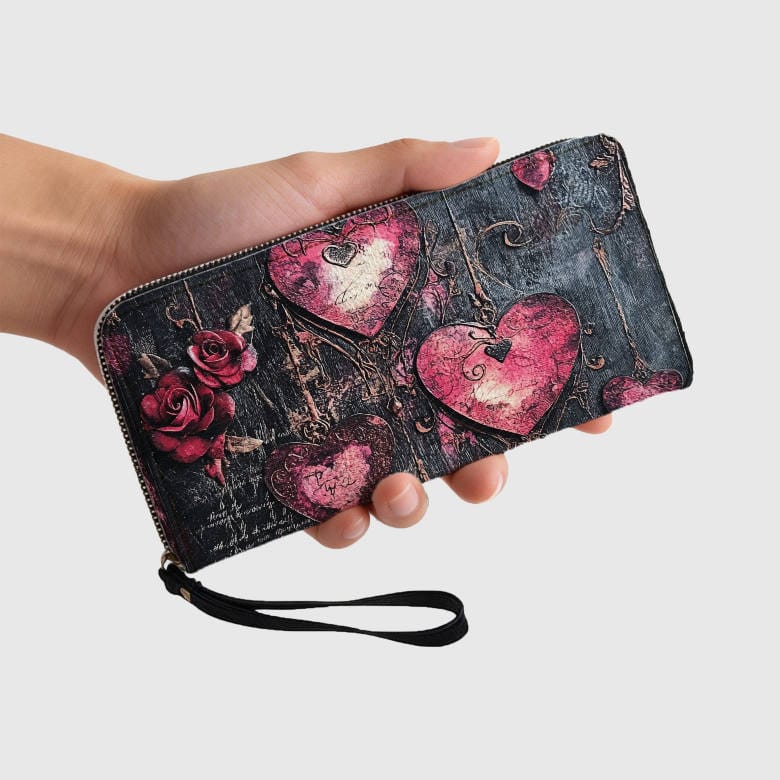 Personalized Vintage Heart & Rose Zip Wallet - 1