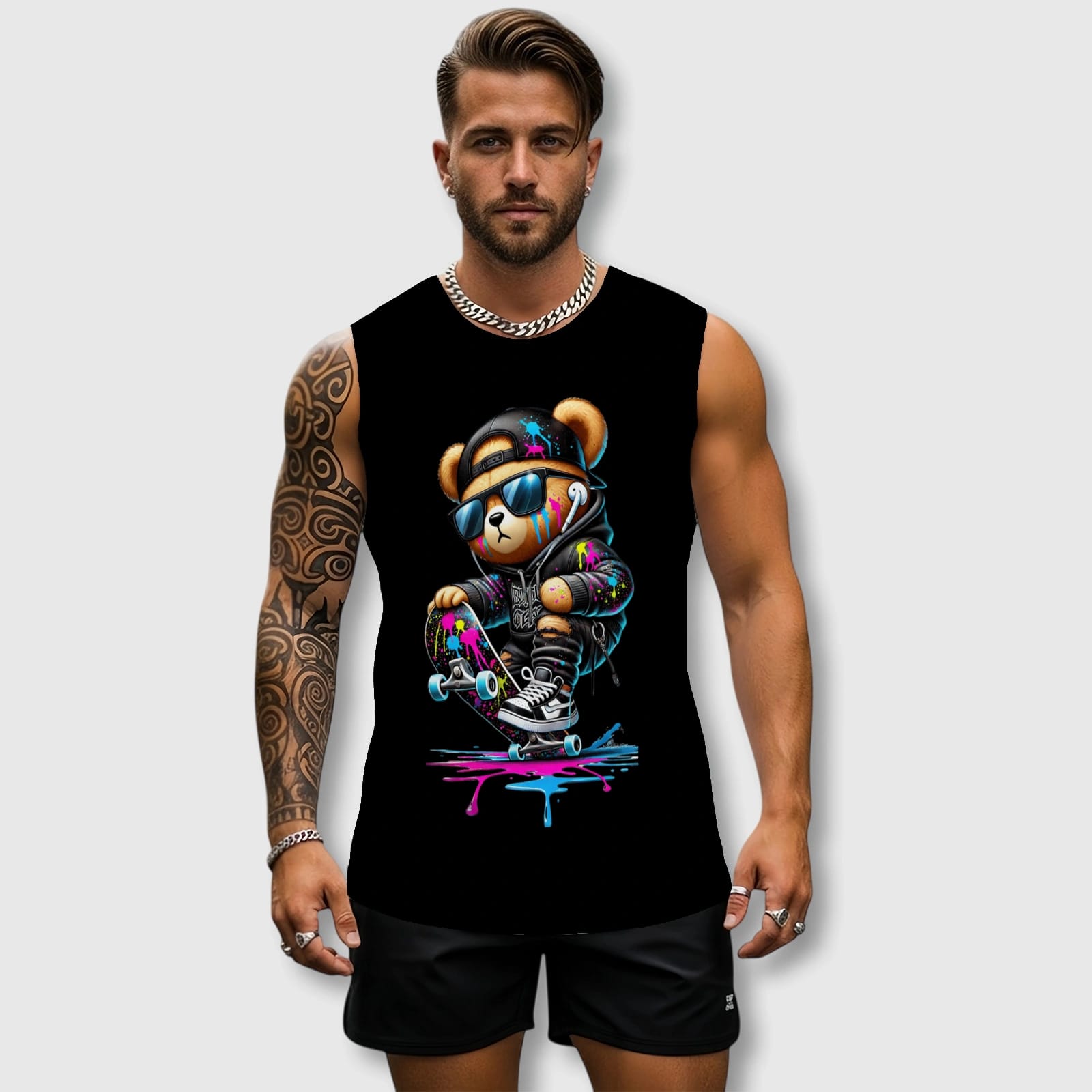 Skate Teddy Bear Sleeveless Tank Top for Men Gym Summer