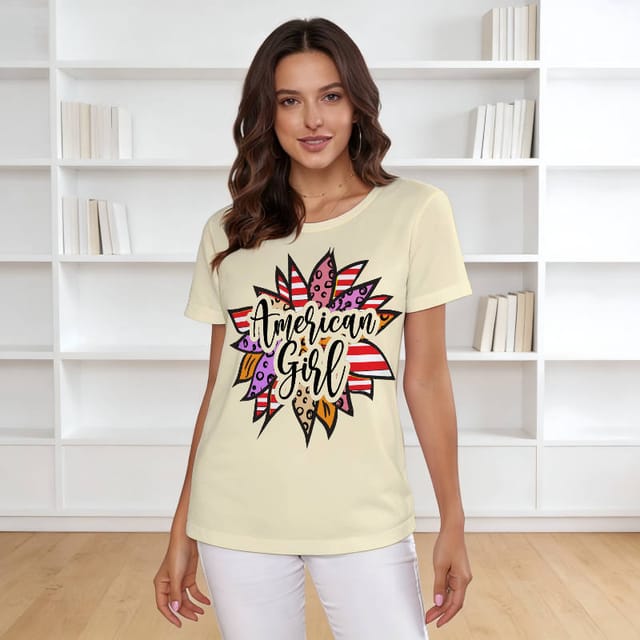American Girl Floral T-Shirt for Women Patriotic Holiday Gift