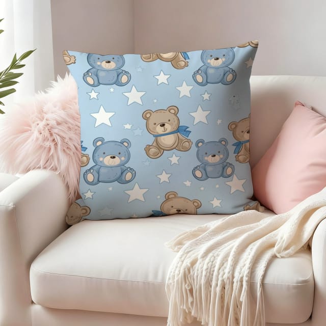 Blue Brown Teddy Bear Throw Pillow for Nursery Birthday Gift