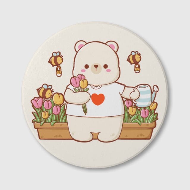 Cute Gardening Bear Ceramic Coaster Bear Lovers Gift