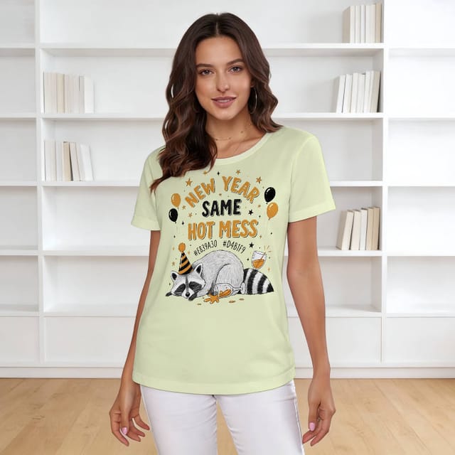 Funny New Year Raccoon Graphic T-Shirt for Women Casual Wear