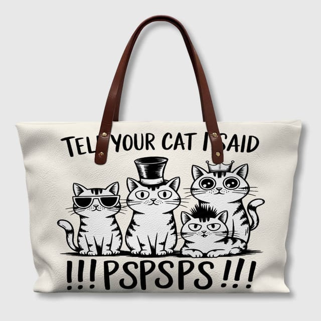 Funny Cat Quote PU Leather Tote Bag for Cat Lovers Daily Use