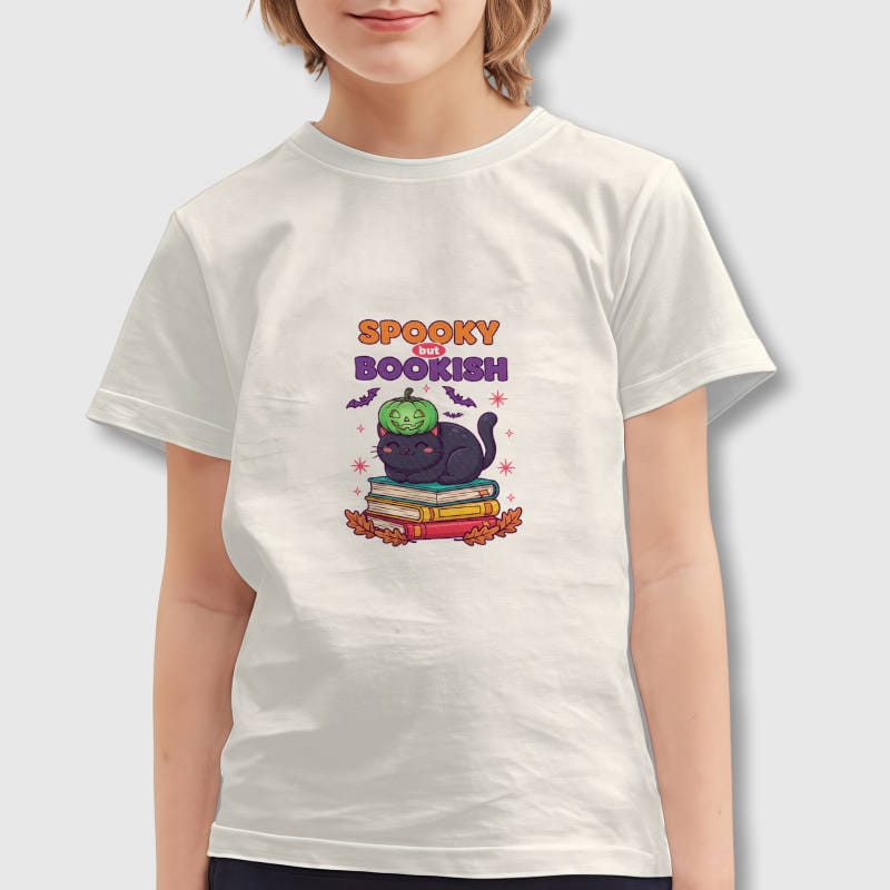 Spooky Bookish Black Cat Kids T-Shirt for Halloween Wear