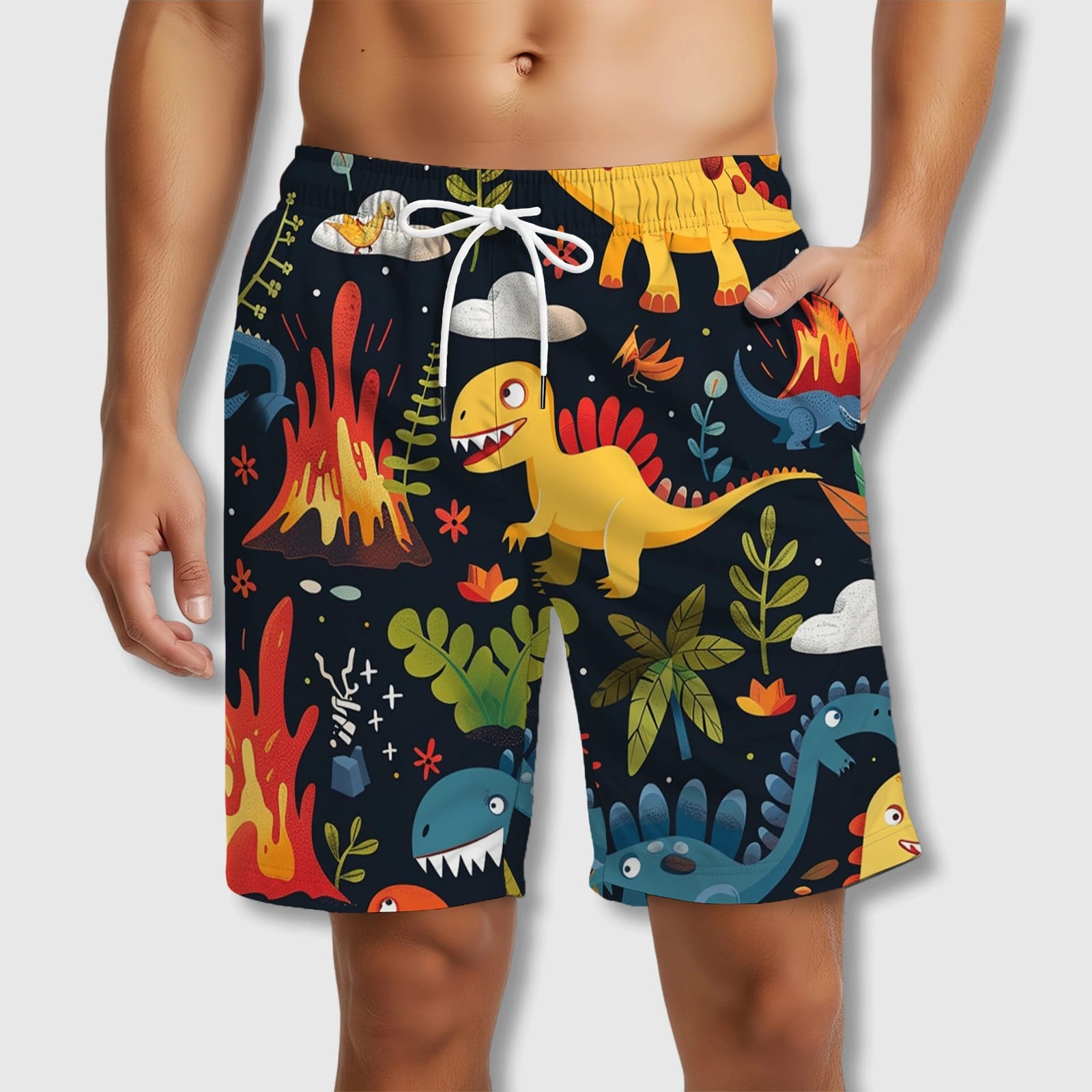 Cute Dinosaur Volcano Print Beach Shorts for Men Summer Wear