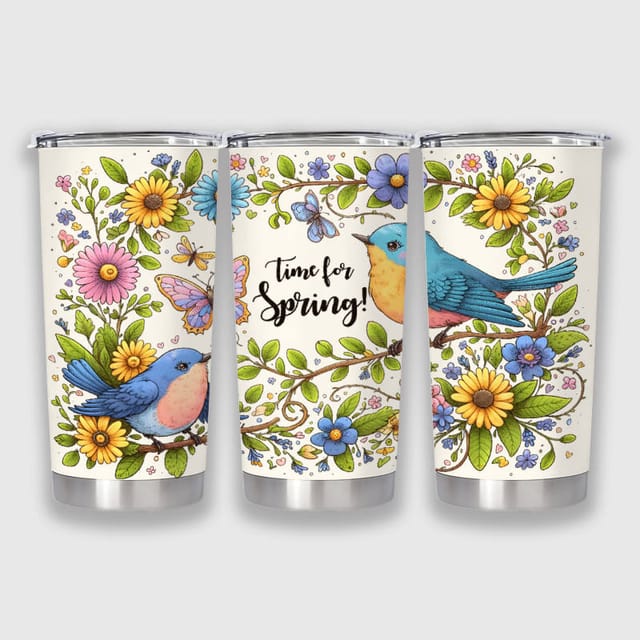 Spring Bluebird Floral Insulated Tumbler for Nature Lovers Gift