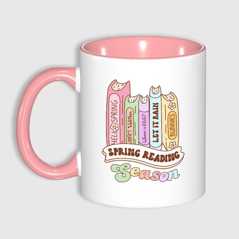 Spring Reading Pastel Book 11oz Pink Mug for Book Lovers Easter Gift