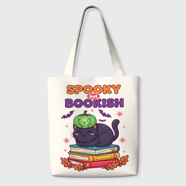 Spooky Bookish Cat Tote Bag for Halloween Book Lover Gifts