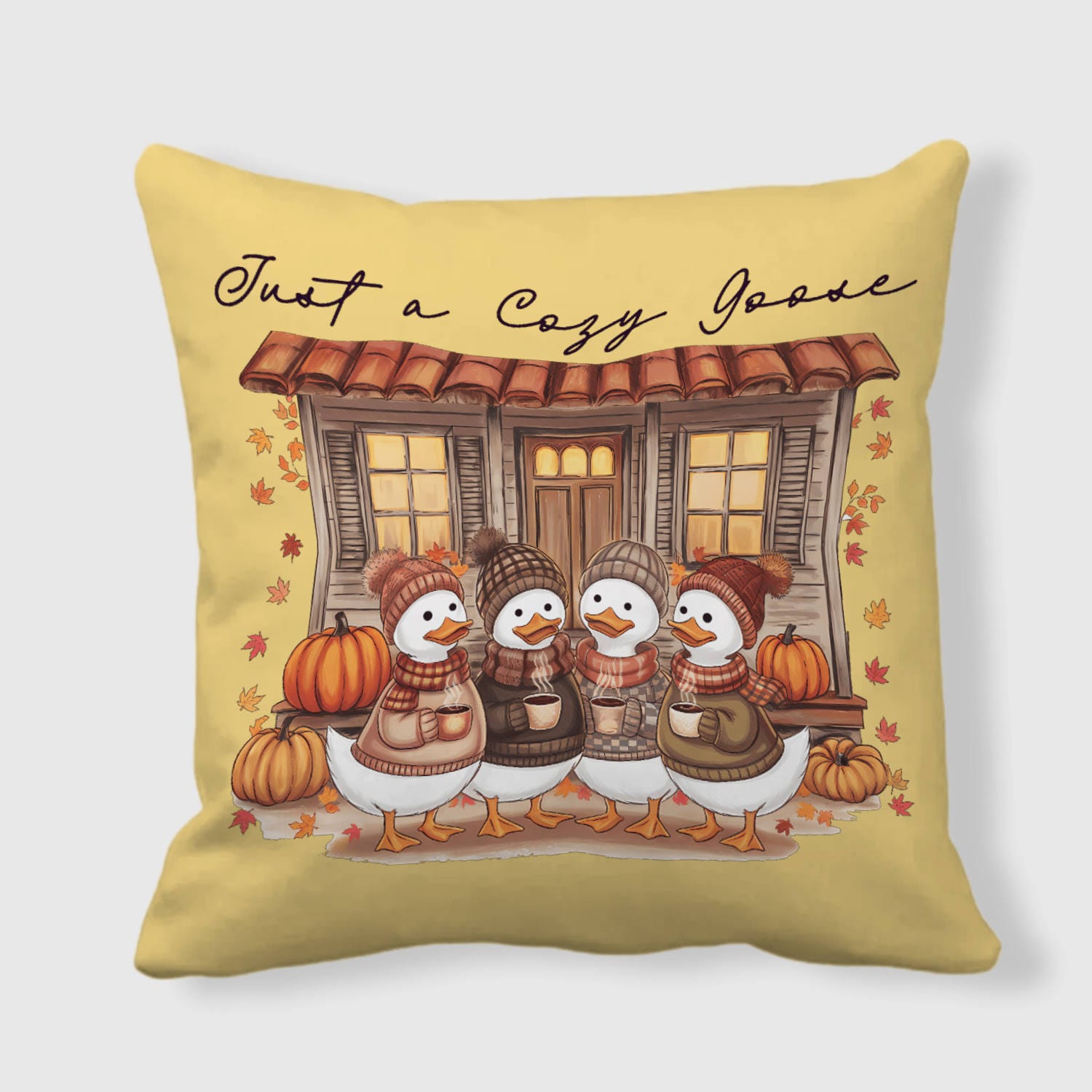 Cozy Goose Fall Throw Pillow for Thanksgiving Home Decor