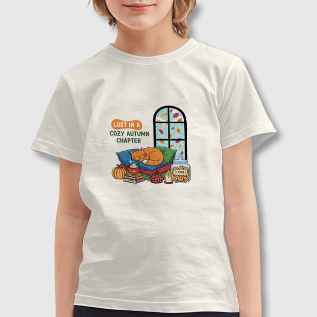 Cozy Autumn Cat Kids T-Shirt for Fall Daily Casual Wear