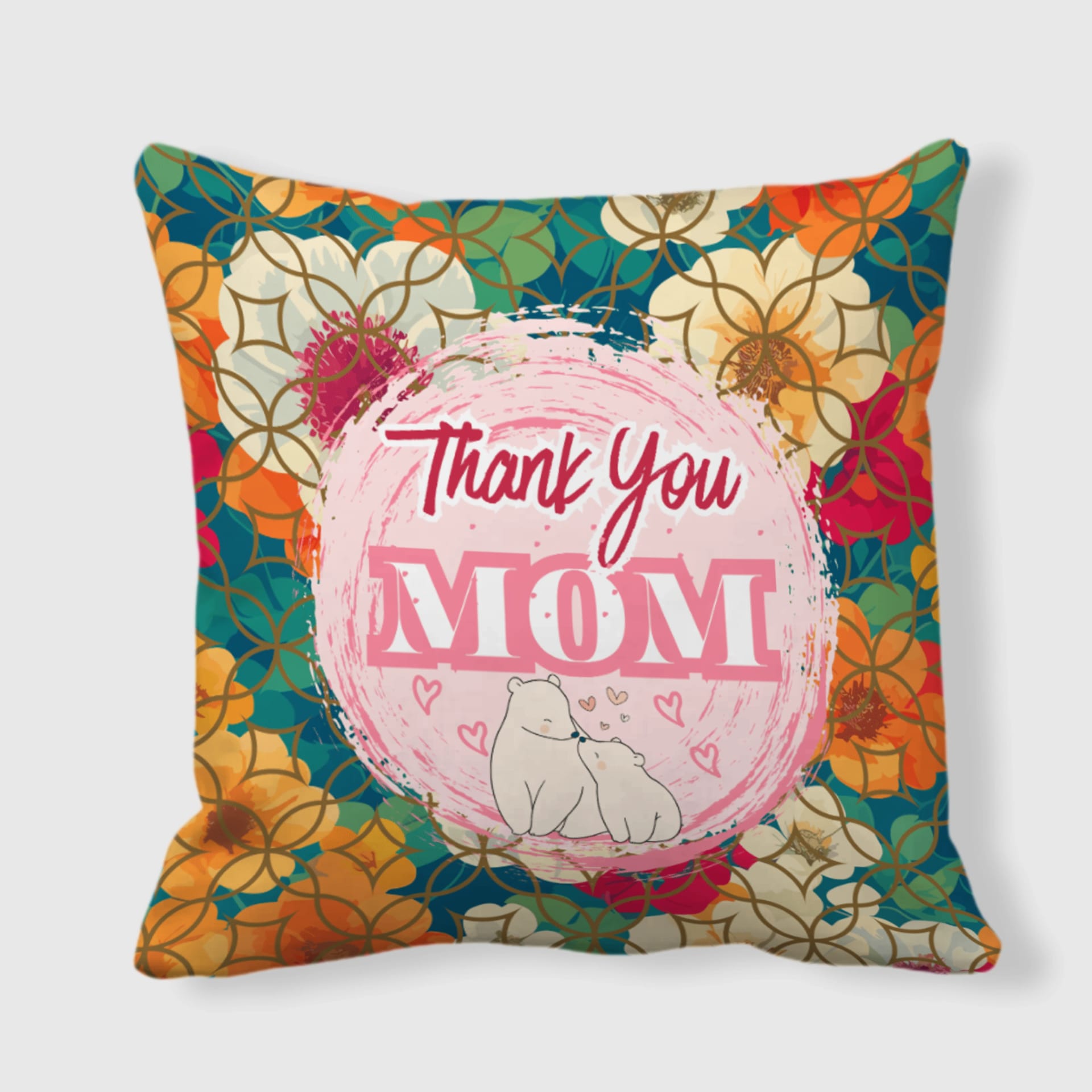 Floral Thank You Mom Polar Bear Throw Pillow for Mother's Day