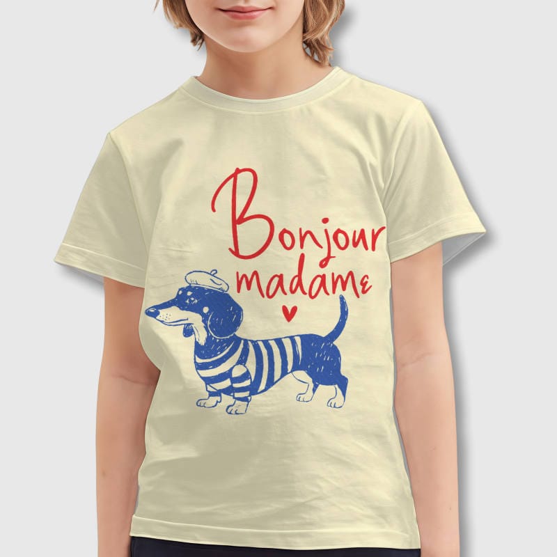 Bonjour Dachshund Print Kids T-Shirt for Pet Lovers Daily Use