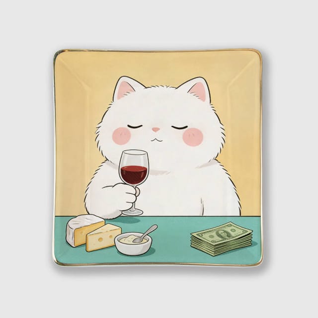 Cute Wine Cat Square Ceramic Jewelry Tray for Pet Lovers Birthday Gift
